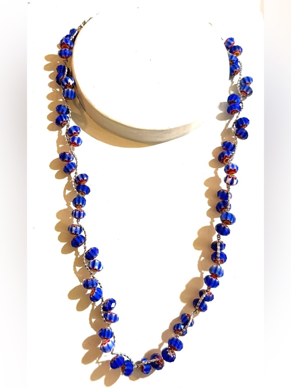 Blue Glass Bead Necklace with Red Accents — Elegant Women's Jewelry